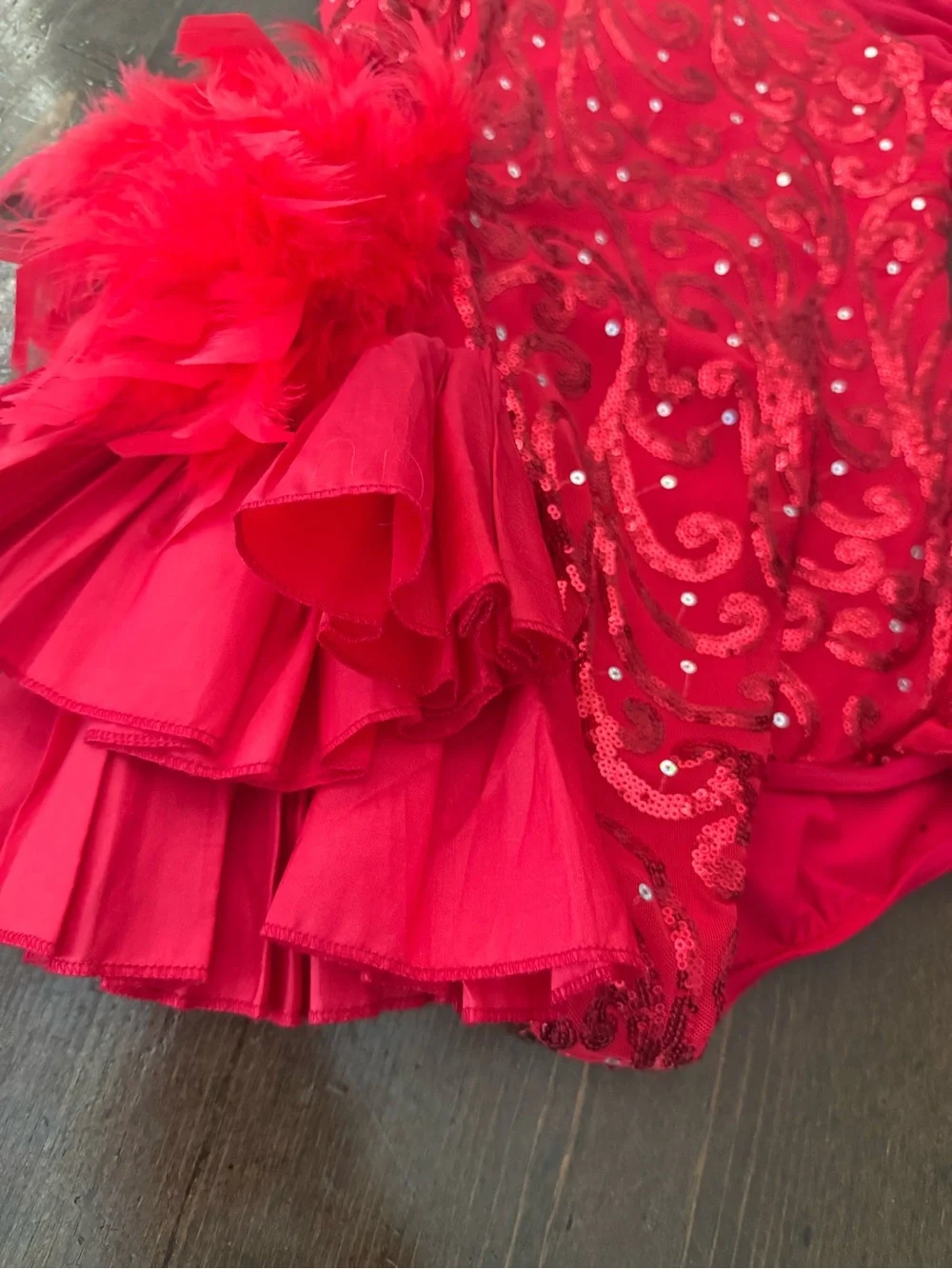 Weissman Red Sequin Ruffle Dance Costume with Feather Accent